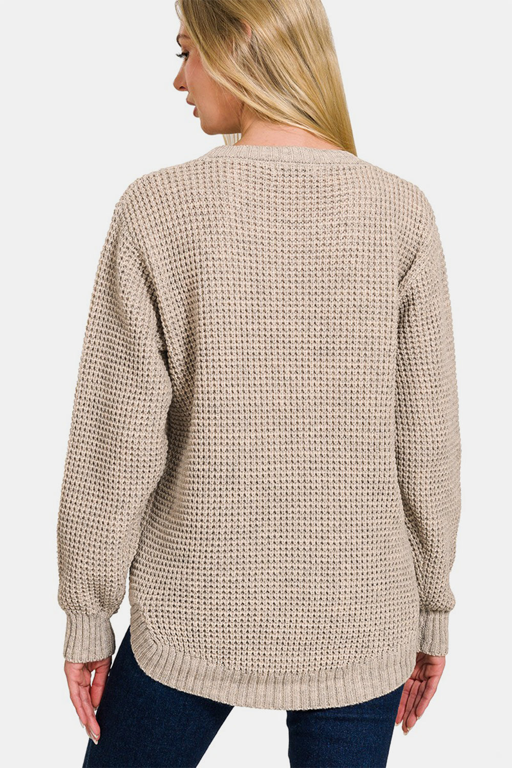 Zenana High-Low Hem Long Sleeve Waffle-Knit Tunic Sweater in Heather Mocha