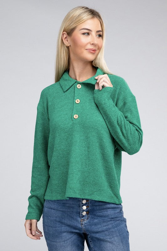 Zenana Brushed Melange Button Front Collared V-Neck Sweater in 5 Colors