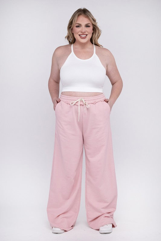 Zenana Plus French Terry Raw Hem Wide Leg Sweatpants in Ash Blue or Dusty Pink