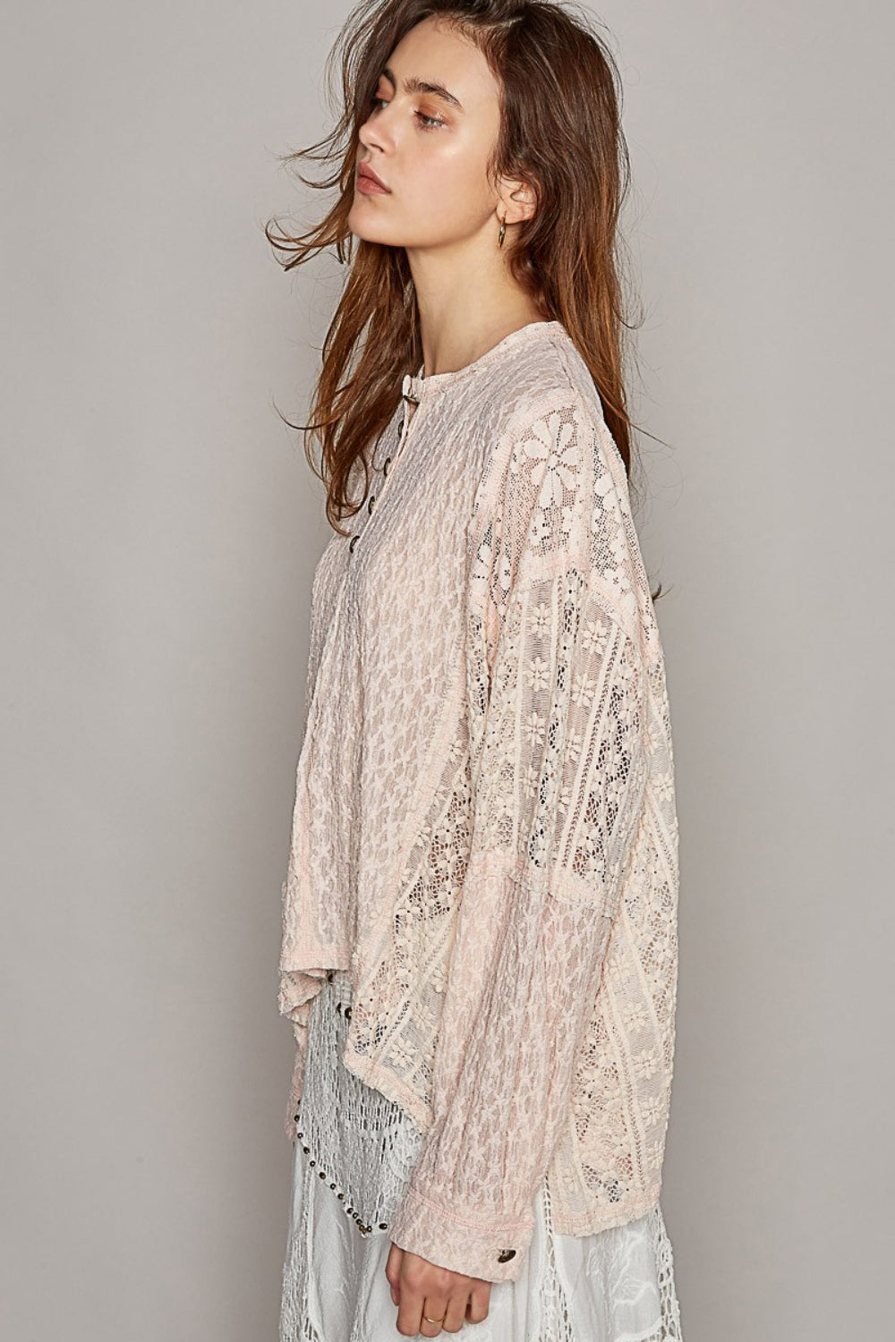 POL Lace Raw Edge Long Sleeve Henley Top