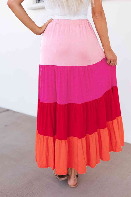 ClaudiaG Collection Stretch Cotton Color Block Tiered Drawstring Maxi Skirt