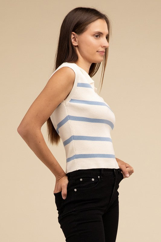 HYFVE Striped Sweater-Knit Cropped Polo Tank Top Top