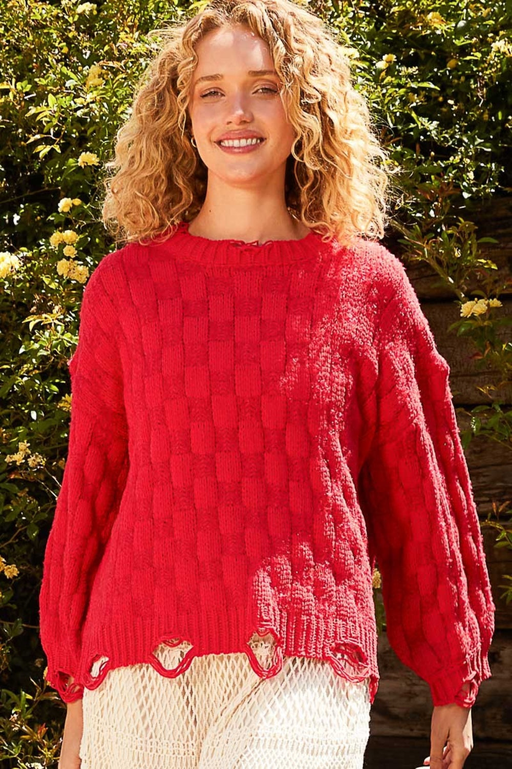 POL Checkered Distressed Round Neck Long Sleeve Sweater in Candy Apple Red NWT