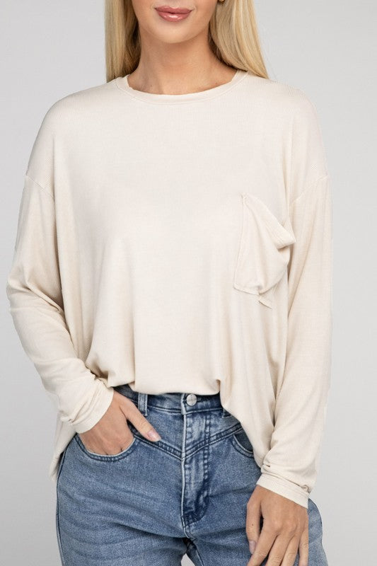 Zenana Color Washed Chest Pocket Long Sleeve T-Shirt in 3 Colors