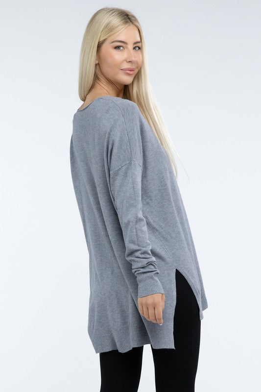 Zenana Front Seam Side Slit V-Neck Tunic Sweater in 5 Colors