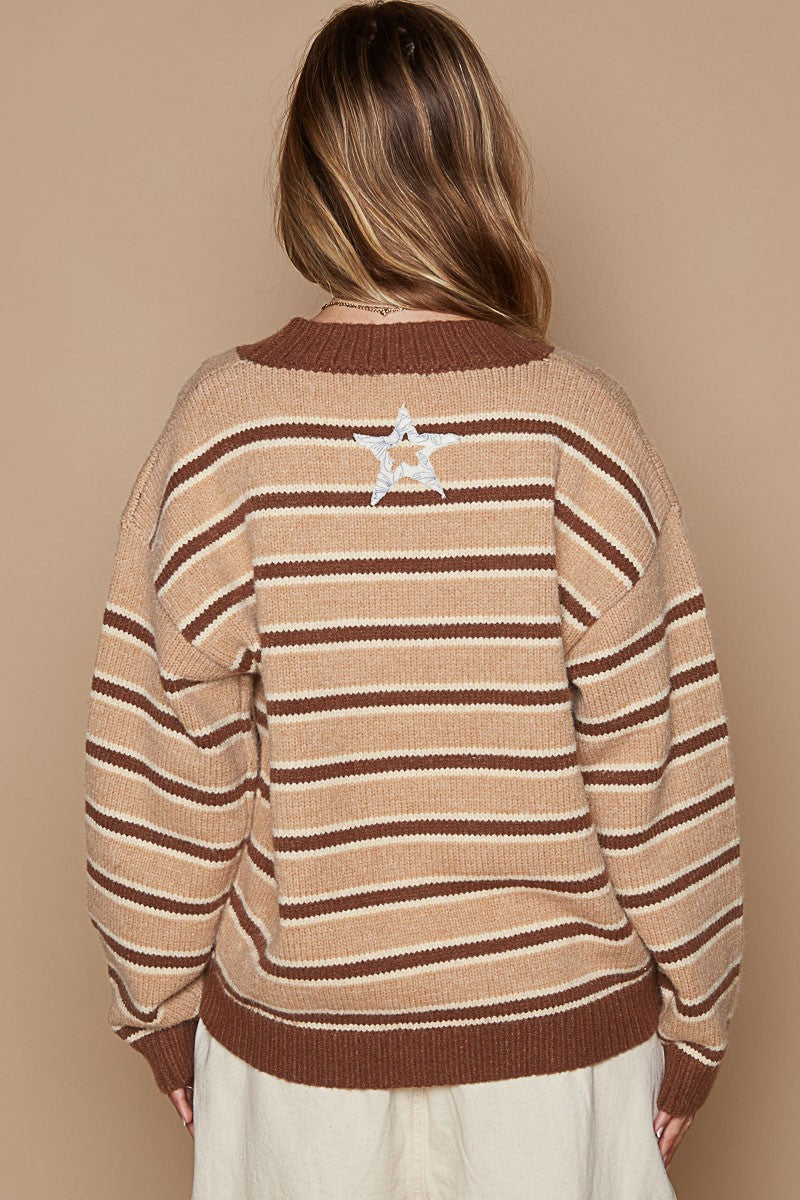 POL Star Patch Striped Round Neck Sweater in Brown Multi Relaxed Fit Mixed Knit