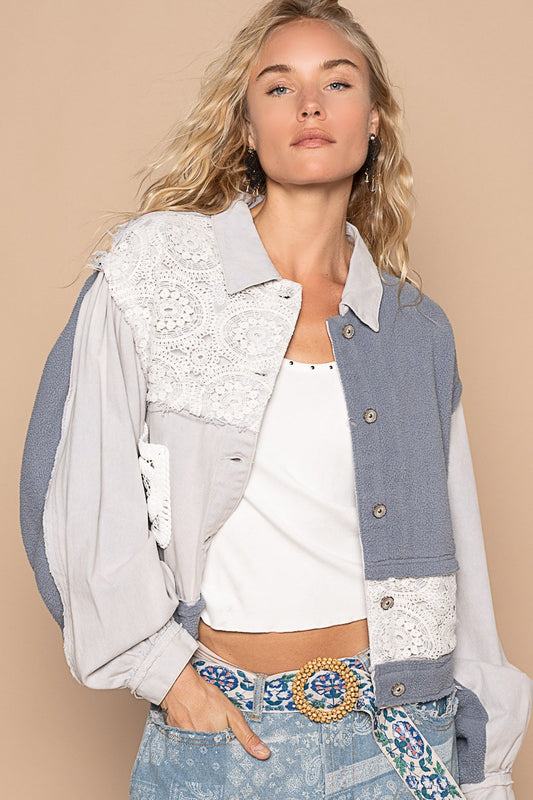 POL Crochet Patchwork Color Block Button Up Jacket in Denim Blue