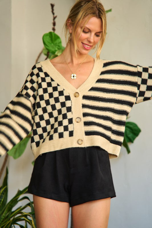 Jade By Jane Contrast Pattern Cropped V-Neck Cardigan Sweater in 3 Colors