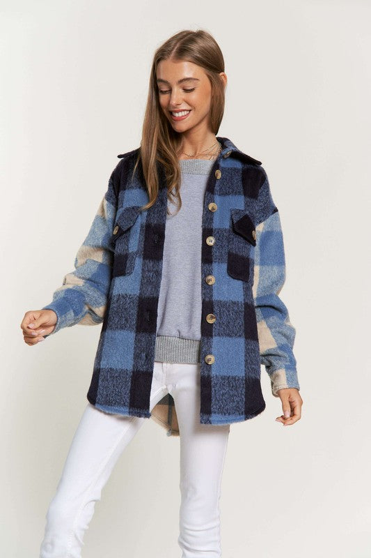 Davi & Dani Contrast Plaid Chest Pocket Button Front Jacket