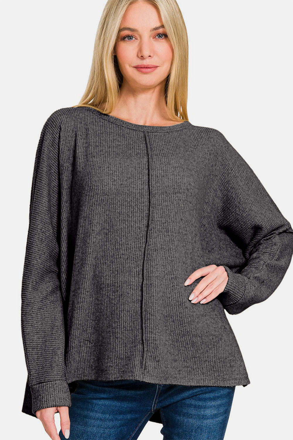 Zenana High-Low Side Slit Long Sleeve Round Neck T-Shirt Top in Black NWT