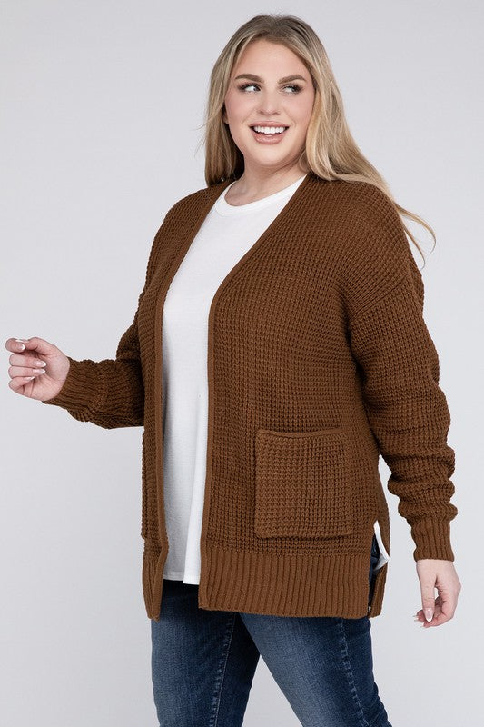 Zenana Plus Waffle-Knit Open Front Tunic Cardigan Sweater with Pockets in 4 Colors