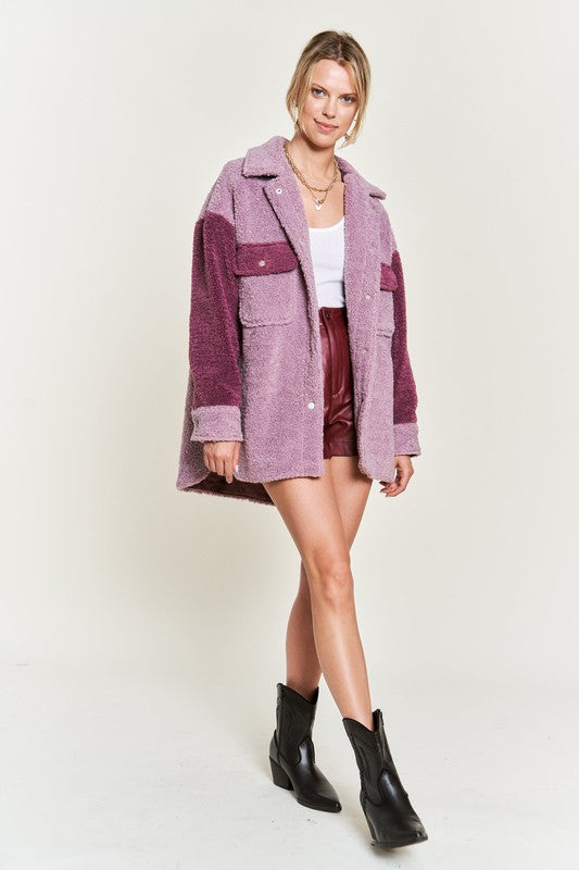 Jade By Jane Colorblock Sherpa Shirt Jacket in Berry or Taupe