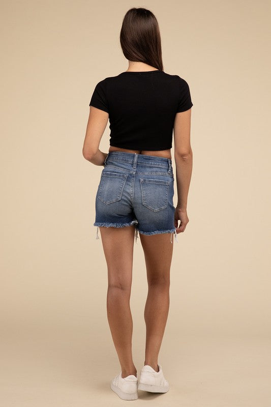 Zenana Mid Rise Raw Hem Denim Shorts