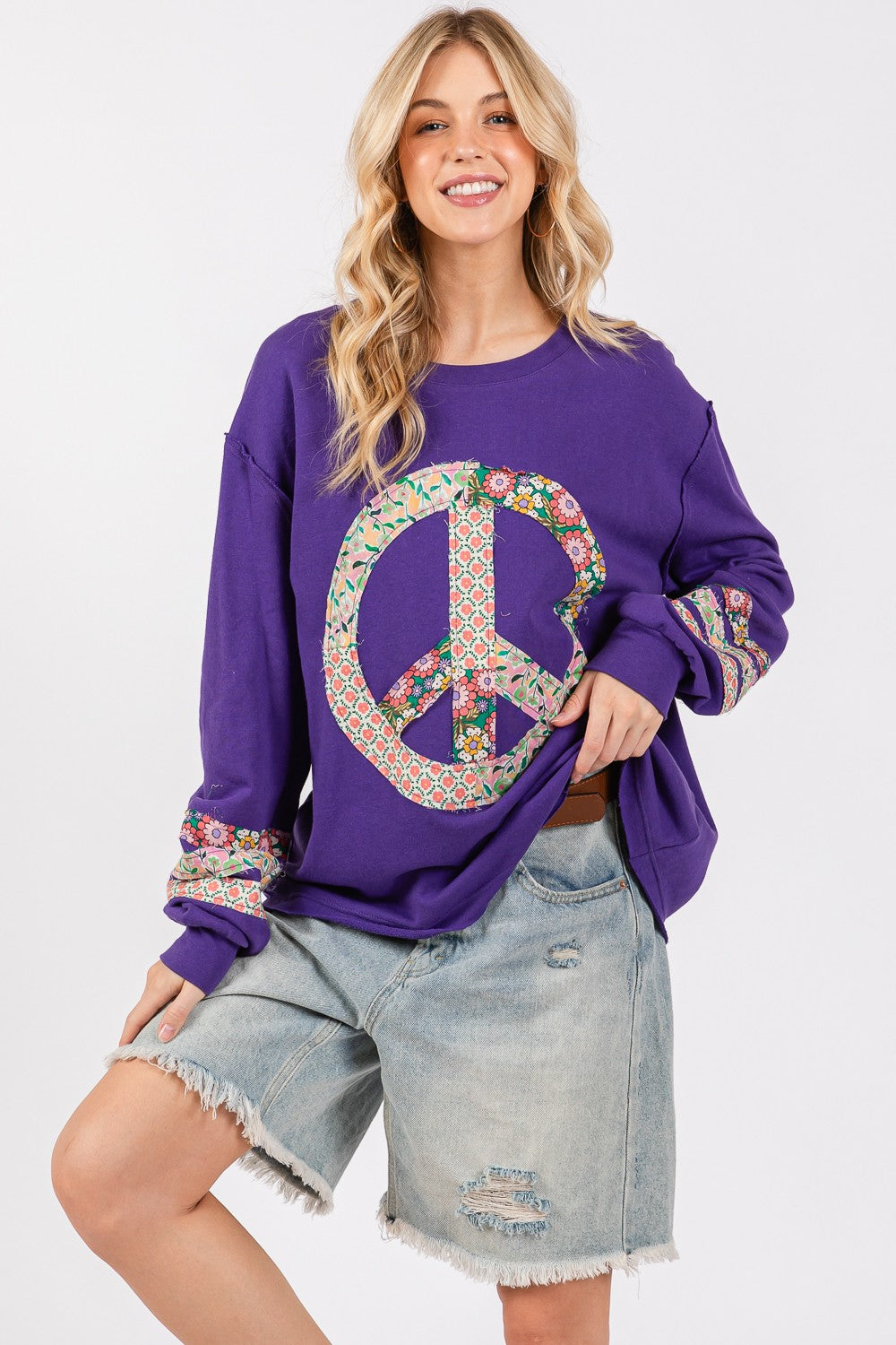 SAGE + FIG Peace Patch Exposed Seam Round Neck Tunic Top in Blueberry Purple Multi