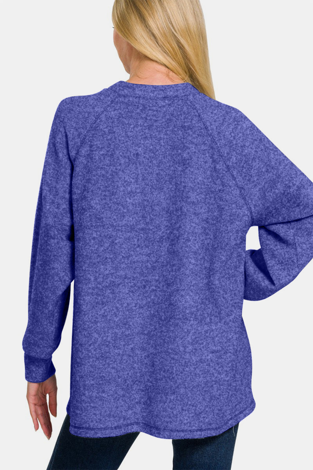 Zenana Brushed Melange Curved Hem Henley Sweater in Bright Blue