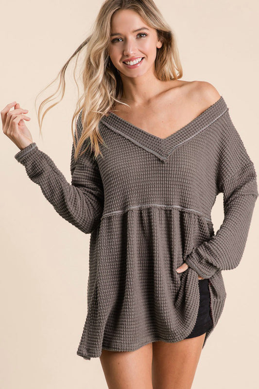 BiBi Waffle-Knit V-Neck Tunic Top