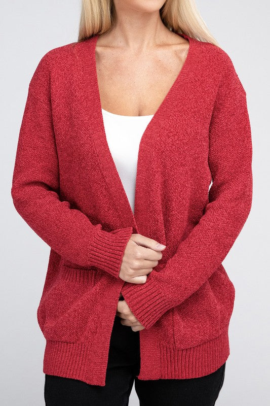 Zenana Melange Open Front Cardigan Sweater with Pockets in 4 Colors