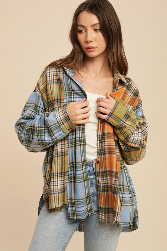 Aemi + Co Oversized Raw Hem Plaid Print Button-Down Flannel Shirt in 4 Colors