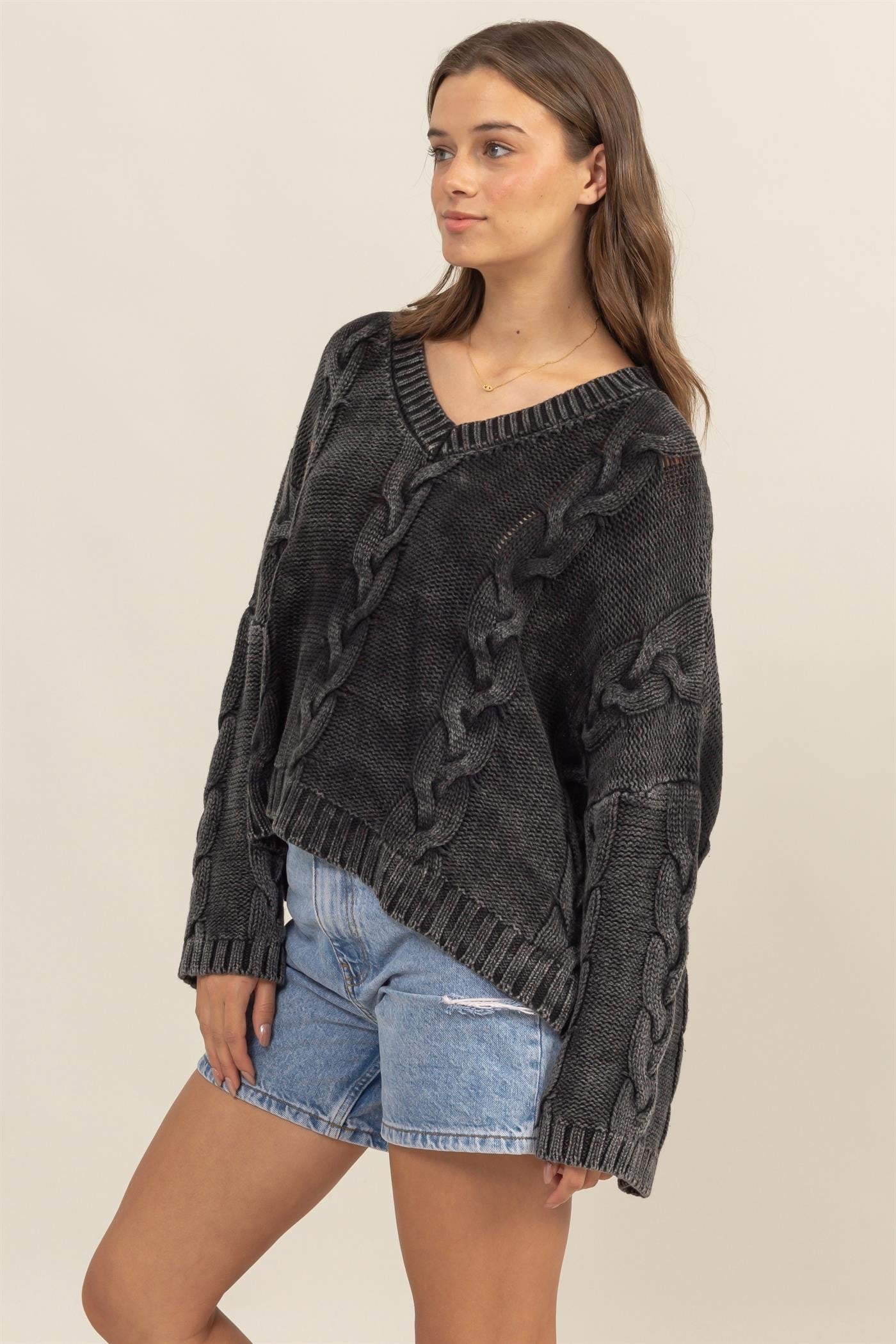 HYFVE Color Washed Cable Knit Bell Sleeve Oversized V-Neck Sweater in Charcoal