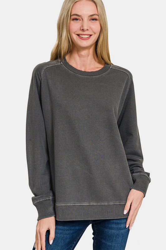 Zenana Plus Pigment Dyed French Terry Round Neck Tunic Sweatshirt in Black