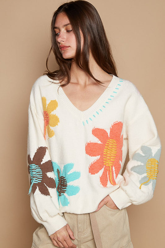 POL Flower Fringe Long Sleeve V-Neck Sweater in Ivory Multi NWT