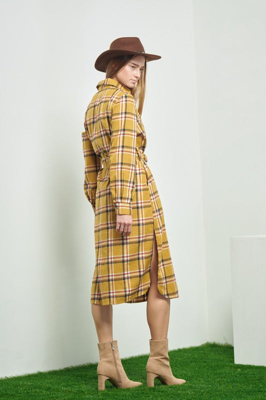 JADE BY JANE PLAID LONG SLEEVE BUTTON FRONT MIDI DRESS