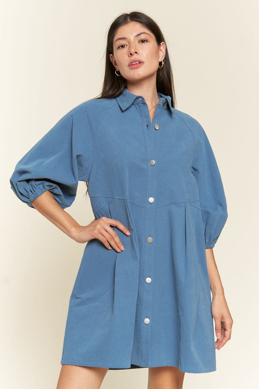 Jade By Jane Washed Denim Collared Button Front Puff Sleeve Mini Dress in 2 Colors