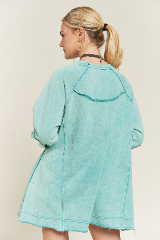 Jade by Jane Color Washed Raw Flare Hem Tunic Sweatshirt in Teal and Pink