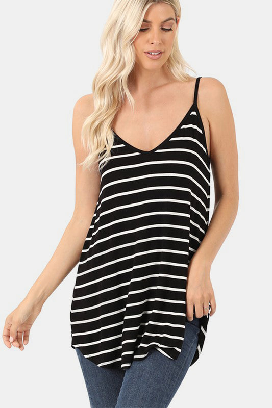 Zenana Double V-Neck Tunic Cami Tank in Black Stripe