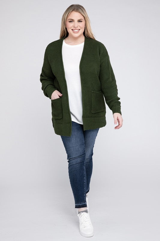 Zenana Plus Waffle-Knit Open Front Tunic Cardigan Sweater with Pockets in 4 Colors