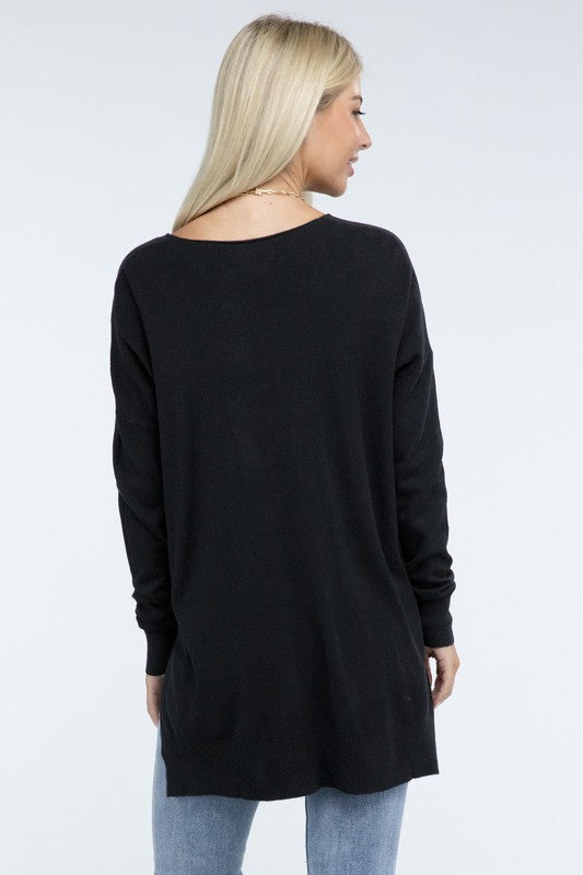 Zenana Front Seam Side Slit V-Neck Tunic Sweater in 5 Colors