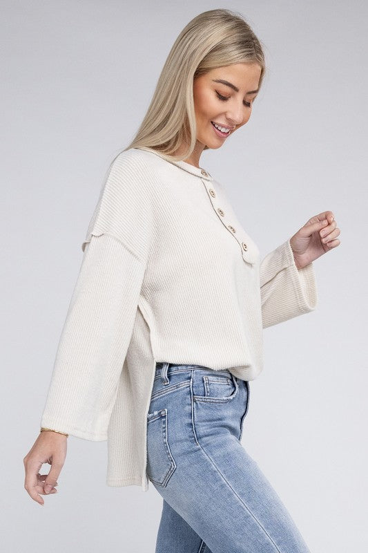 Zenana Slit Hem Bell Sleeve Ribbed Henley Sweater in 5 Colors