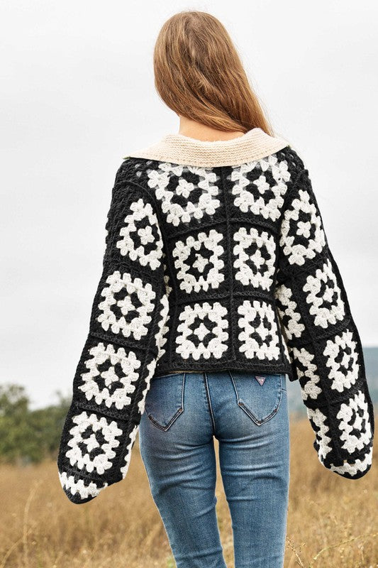 Davi & Dani Two-Tone Floral Square Crochet Open Knit Cropped Cardigan