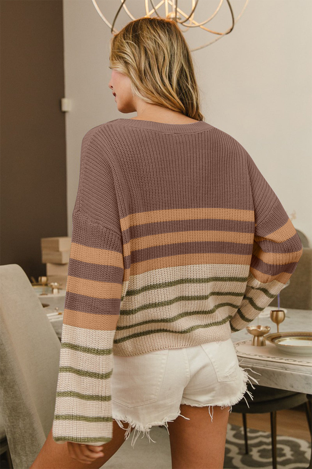 BiBi Color Block Striped Long Sleeve Round Neck Ribbed Sweater in Mocha Brown Oatmeal Multi NWT