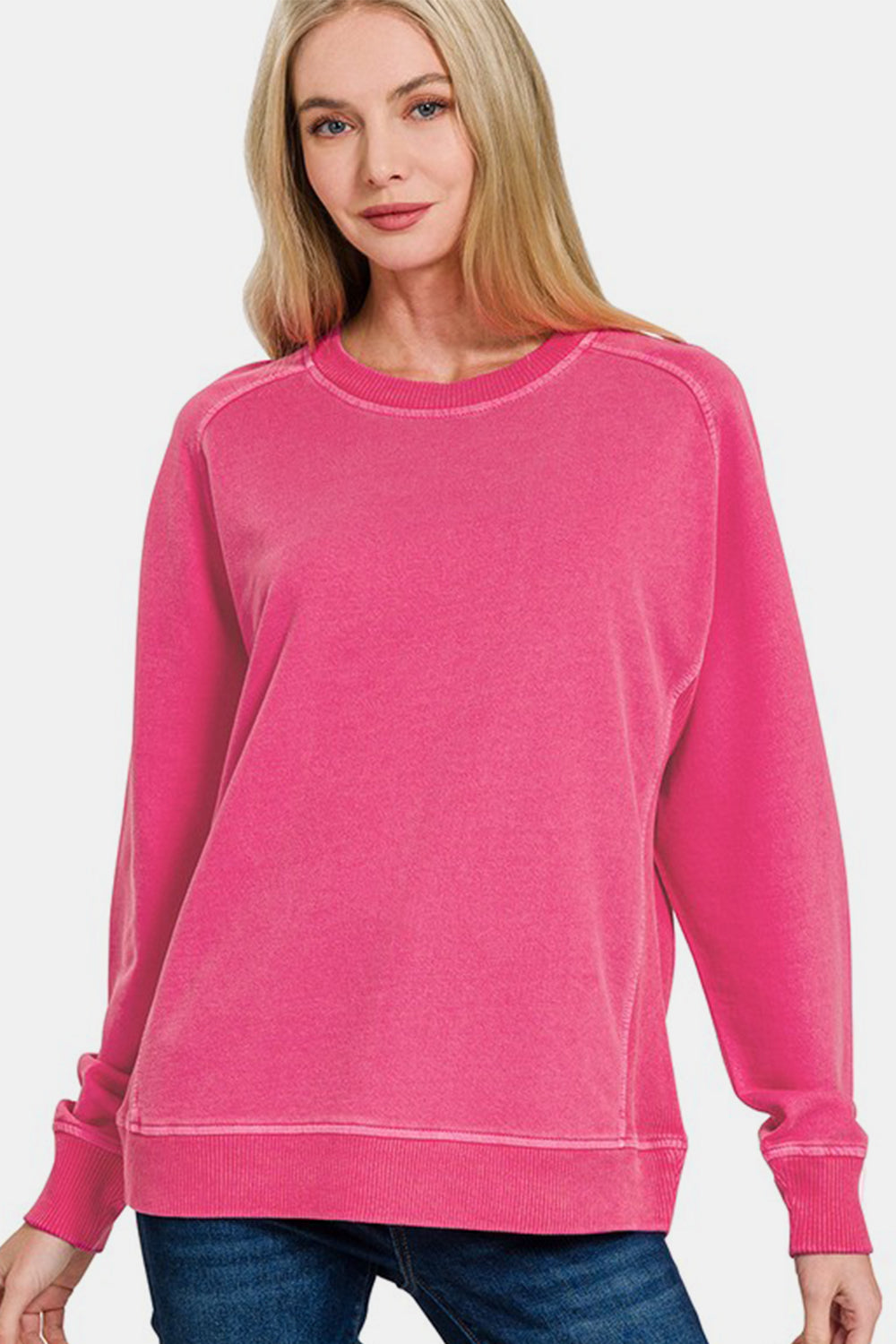 Zenana Size 3X Pigment Dyed French Terry Round Neck Tunic Sweatshirt in Hot Pink