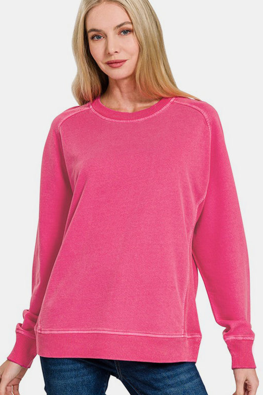 Zenana Size 3X Pigment Dyed French Terry Round Neck Tunic Sweatshirt in Hot Pink