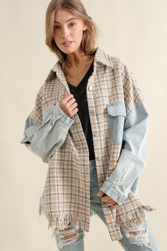 Sweet Generis Oversized Tweed and Denim Shirt Jacket with Fringed Hem