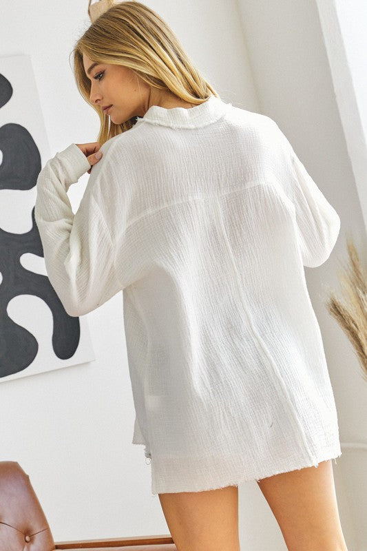 Davi & Dani Cotton Gauze Button Down Long Sleeve Shirt in 2 Colors