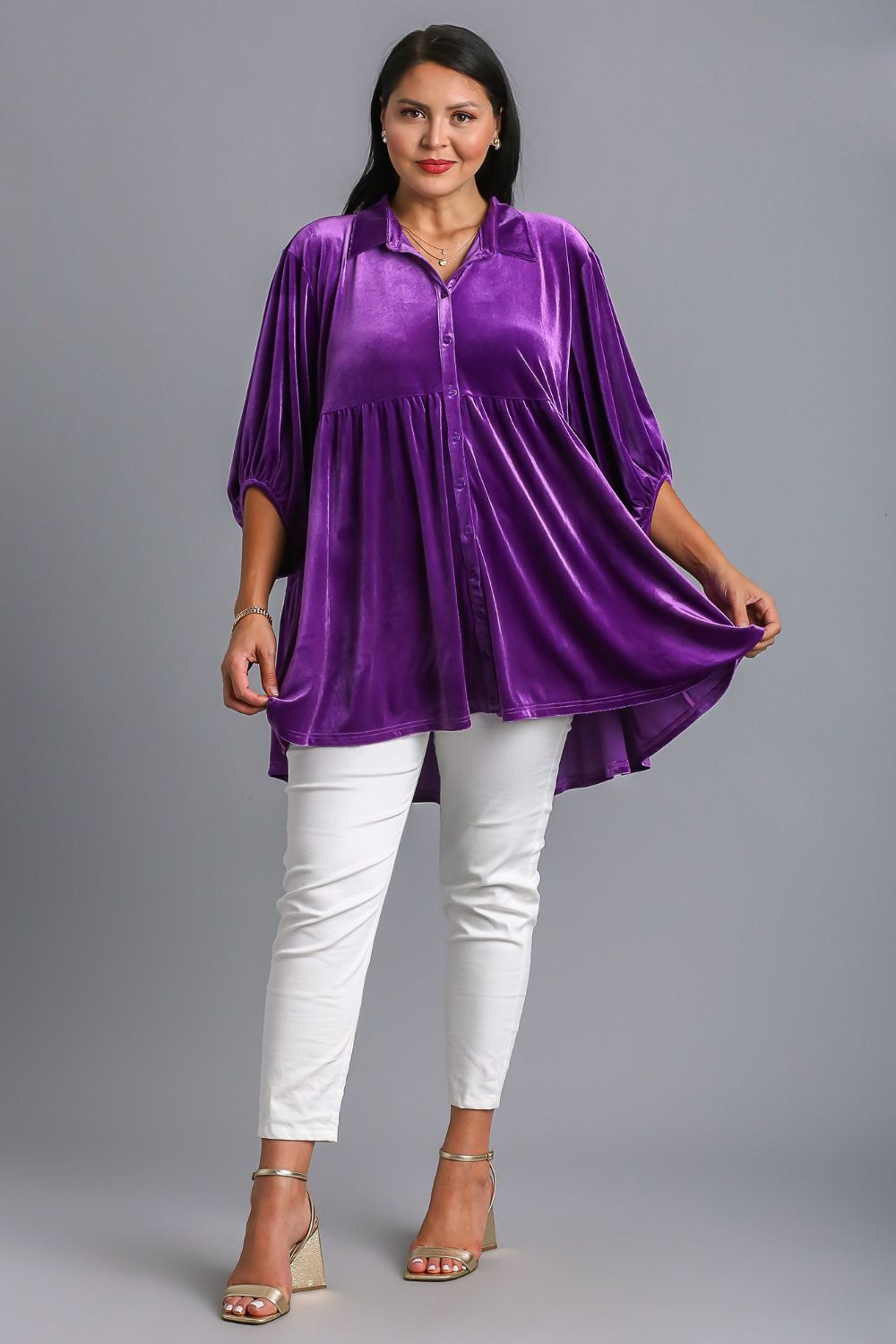 Umgee Full Size Tiered Velvet High Low Hem Tunic Button-Down Shirt in Violet Purple NWT