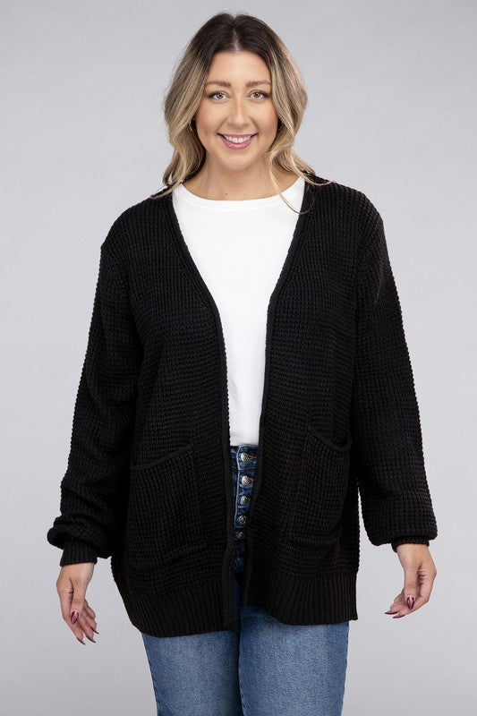 Zenana Plus Waffle-Knit Open Front Tunic Cardigan Sweater with Pockets in 5 Colors