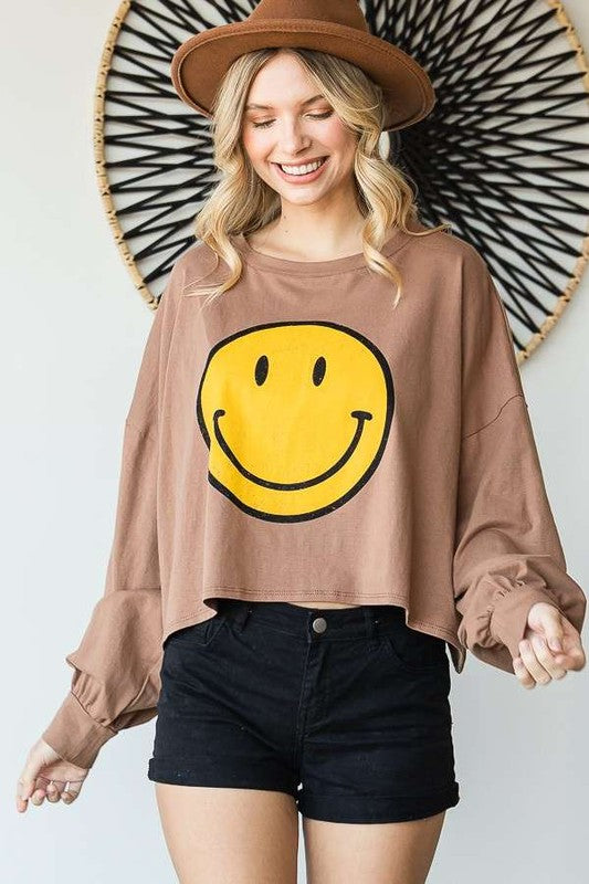 Jade by Jane Smiley Face Long Sleeve Cropped Graphic Tee in 4 Colors