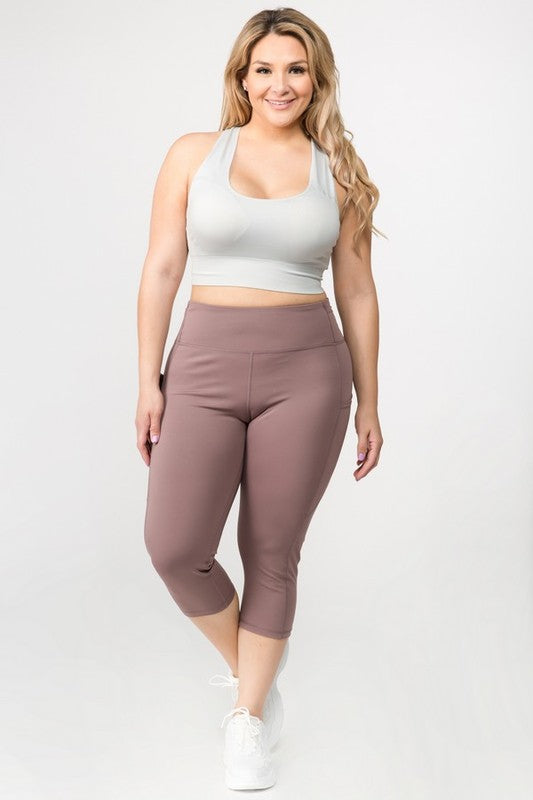 Yelete Plus Size High Waist Tech Pocket Workout Capri Leggings Yoga Pants in 5 Colors