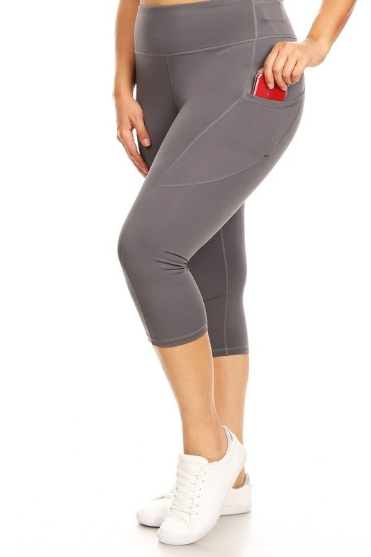 Yelete Plus Size High Waist Tech Pocket Workout Capri Leggings Yoga Pants in 5 Colors