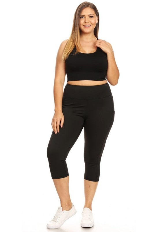 Yelete Plus Size High Waist Tech Pocket Workout Capri Leggings Yoga Pants in 5 Colors