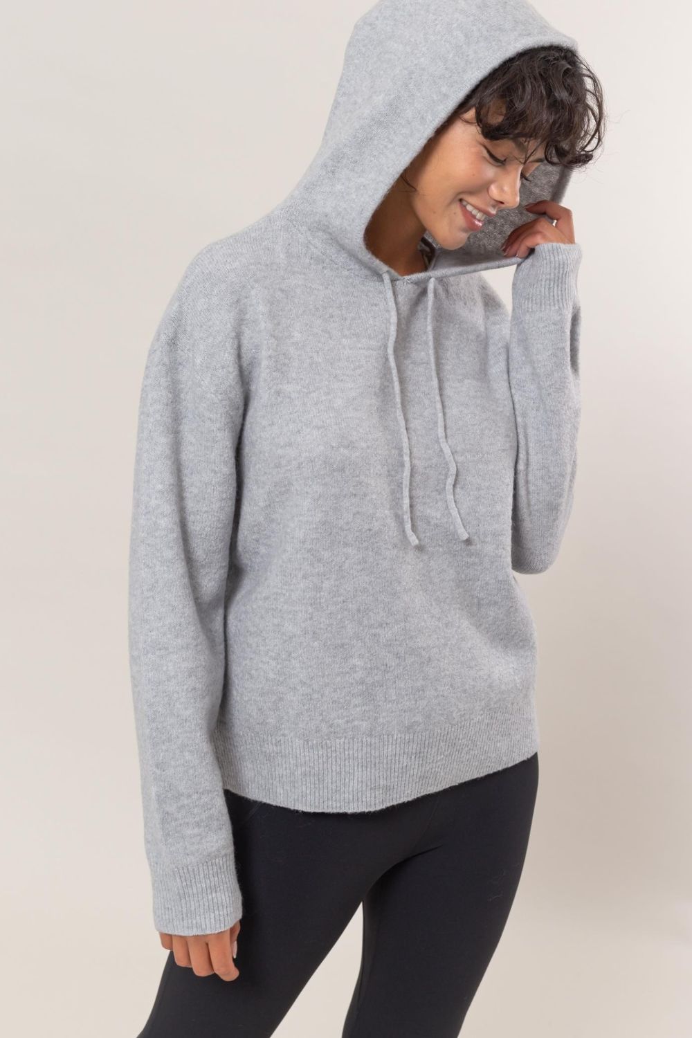 HYFVE Drawstring Long Sleeve Hooded Sweater in Light Heather Gray Stretch