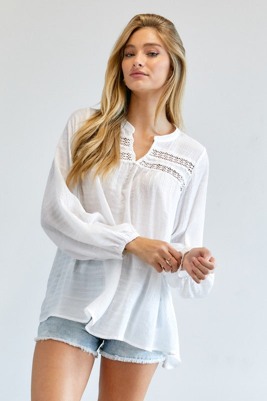 Davi & Dani Eyelet Long Sleeve V-Neck Blouse in Off White