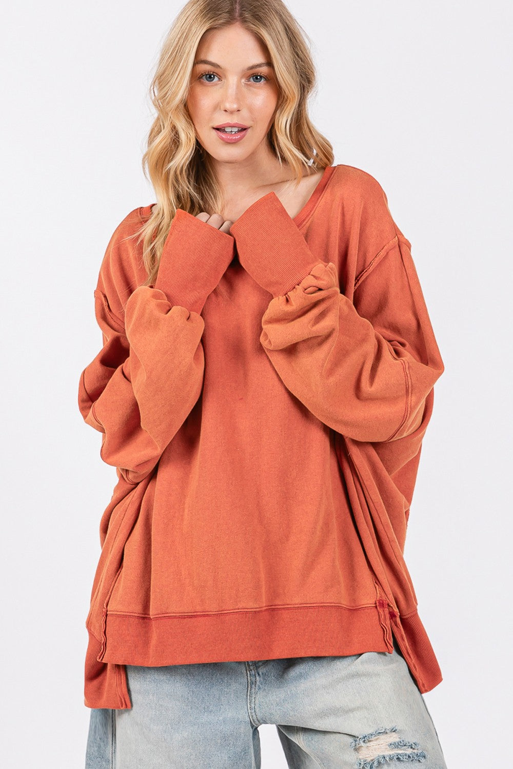 SAGE + FIG Mineral Wash Side Slit Oversized Sweatshirt in Amber Orange NWT