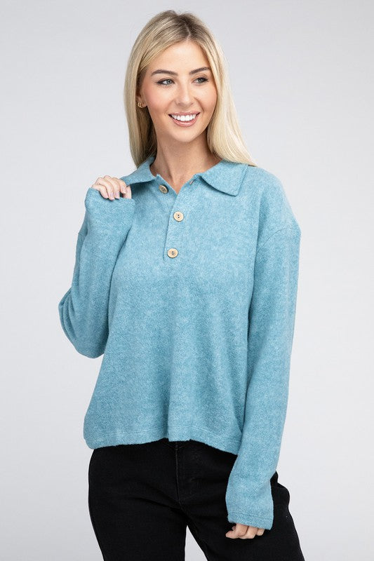 Zenana Brushed Melange Button Front Collared V-Neck Sweater in 5 Colors