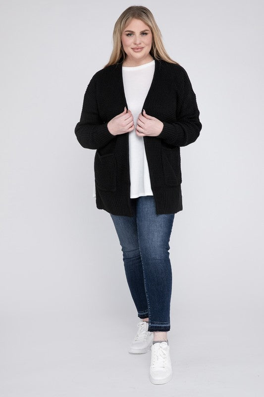 Zenana Plus Waffle-Knit Open Front Tunic Cardigan Sweater with Pockets in 4 Colors