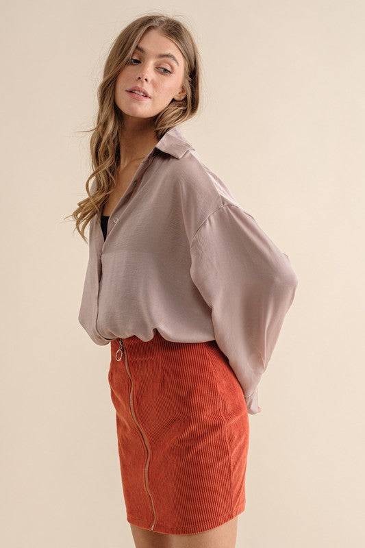 Sweet Generis Satin Long Sleeve Button-Down Top in 6 Colors